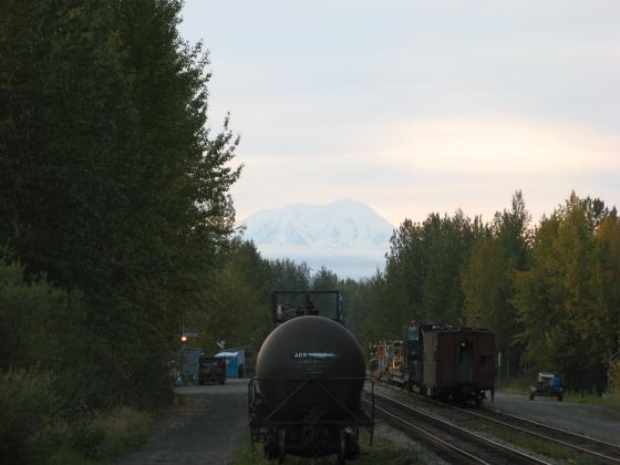 Denali mountain peak from Talkeetna railroad tracks